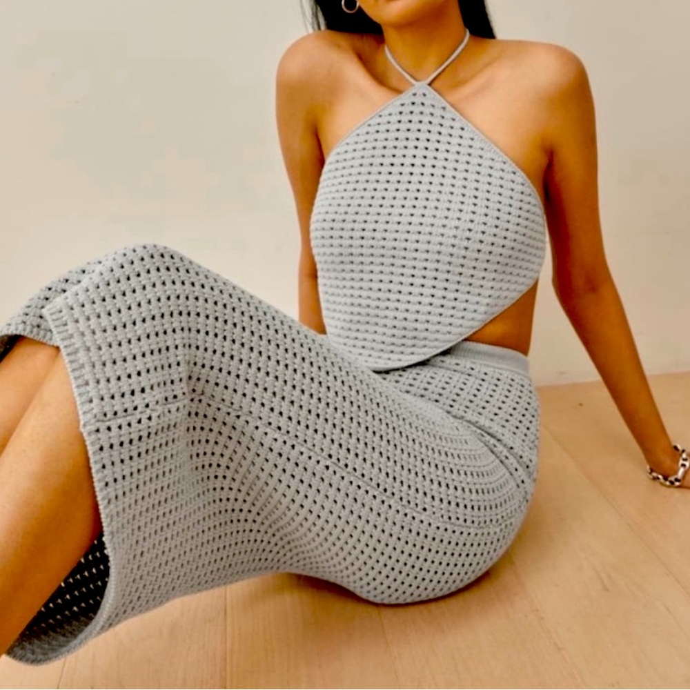 Reformation Circa Open Gray Knit Skirt and Top Set